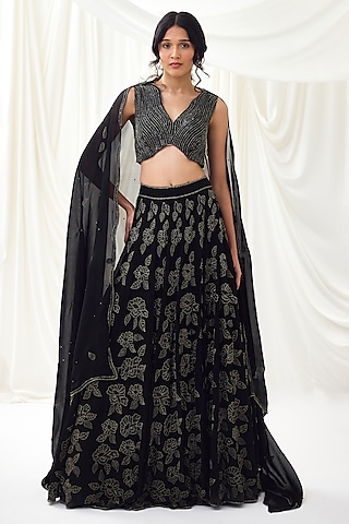 Black Organza & Net Lehenga Set by Lavanya Ahuja