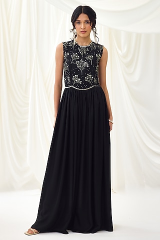 Black Metallic Georgette Sequins Embroidered Gathered Jumpsuit by Lavanya Ahuja