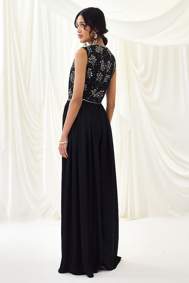 Black Metallic Georgette Sequins Embroidered Gathered Jumpsuit by Lavanya Ahuja at Pernia's Pop Up Shop