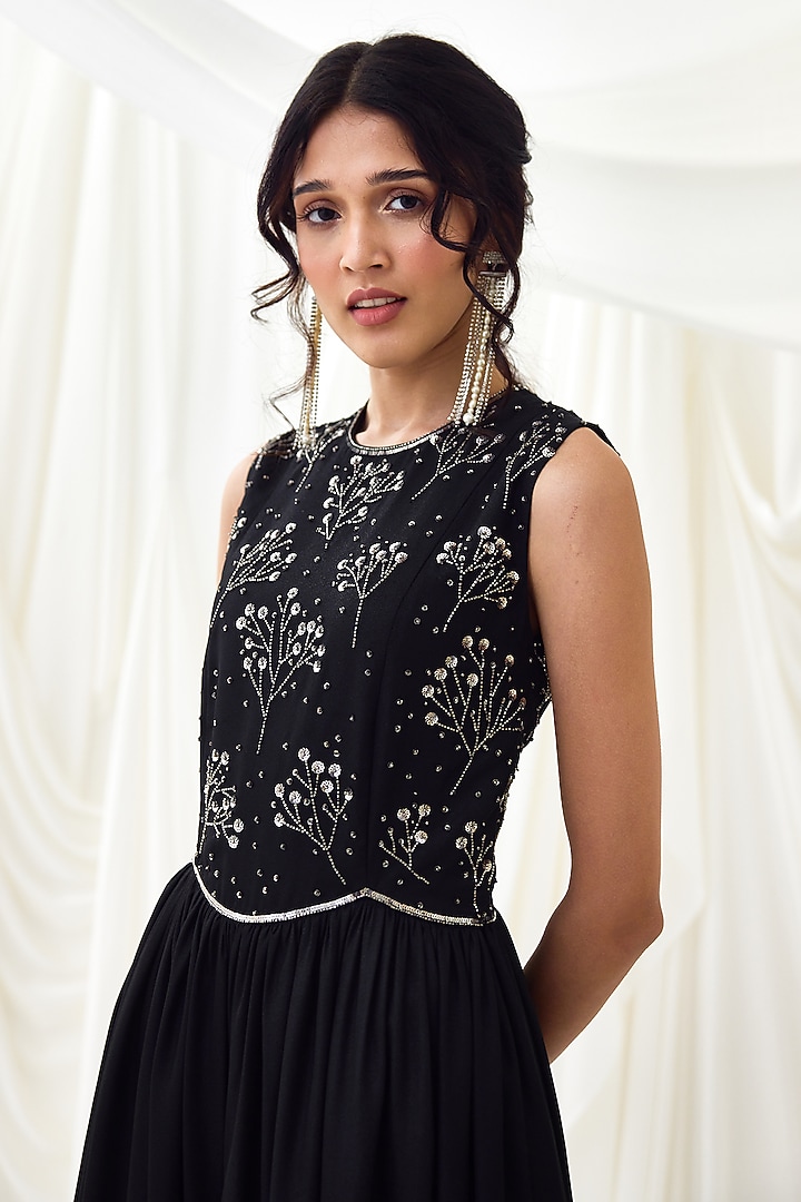 Black Metallic Georgette Sequins Embroidered Gathered Jumpsuit by Lavanya Ahuja at Pernia's Pop Up Shop