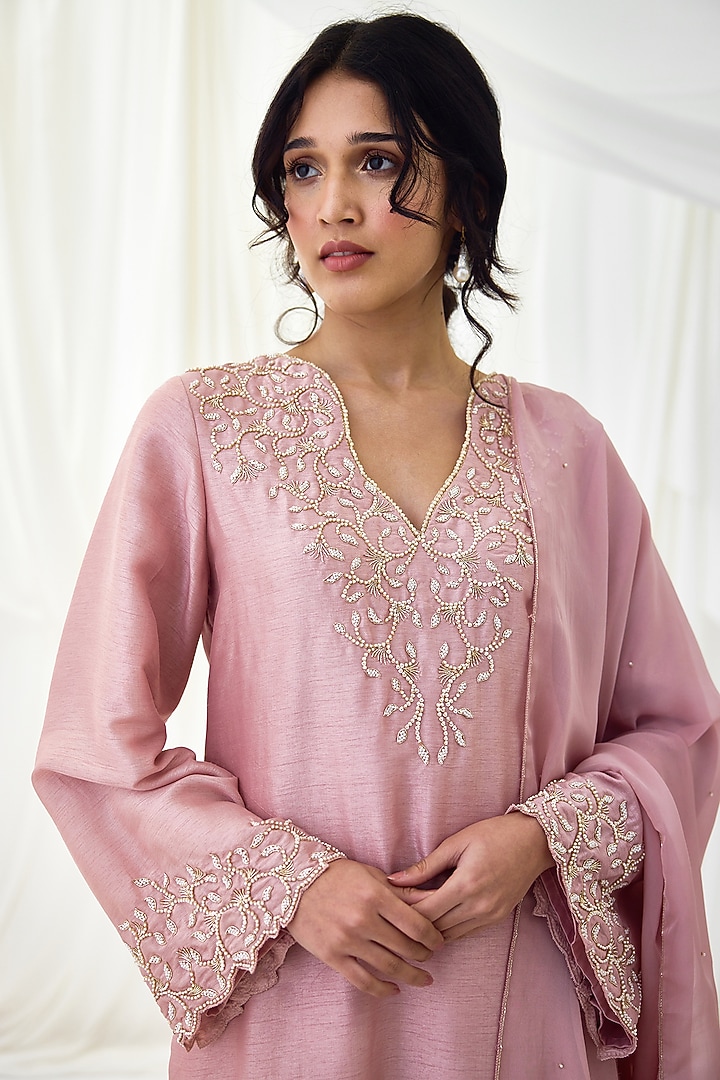 Rose Pink Viscose Dabka Embroidered Kurta Set by Lavanya Ahuja at Pernia's Pop Up Shop