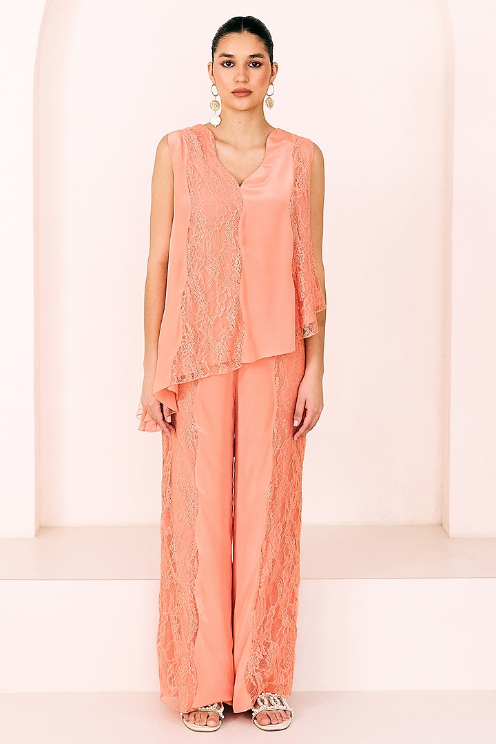 Peach Lace Fabric & Crepe Asymmetrical Tunic Set by Lavanya Ahuja at Pernia's Pop Up Shop