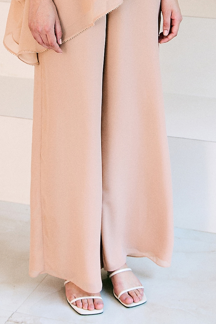 Sand Colored Georgette Asymmetrical Frilled Tunic Set by Lavanya Ahuja at Pernia's Pop Up Shop