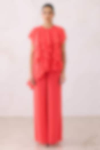 Coral Red Georgette Asymmetrical Frilled Tunic Set by Lavanya Ahuja at Pernia's Pop Up Shop