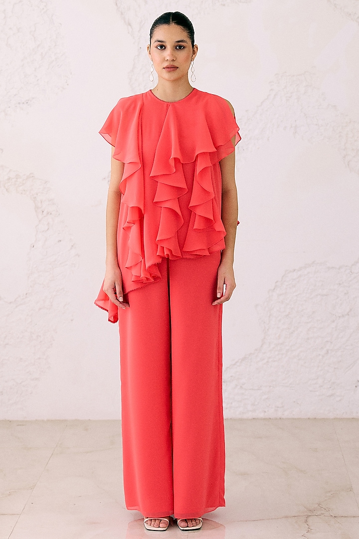 Coral Red Georgette Asymmetrical Frilled Tunic Set by Lavanya Ahuja at Pernia's Pop Up Shop