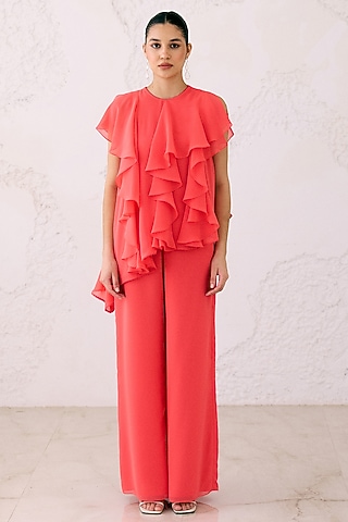 Coral Red Georgette Asymmetrical Frilled Tunic Set by Lavanya Ahuja