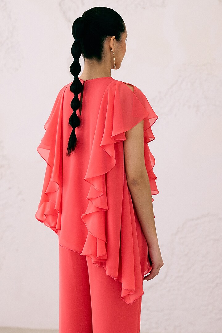 Coral Red Georgette Asymmetrical Frilled Tunic Set by Lavanya Ahuja at Pernia's Pop Up Shop
