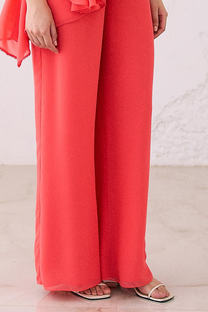 Coral Red Georgette Asymmetrical Frilled Tunic Set by Lavanya Ahuja at Pernia's Pop Up Shop