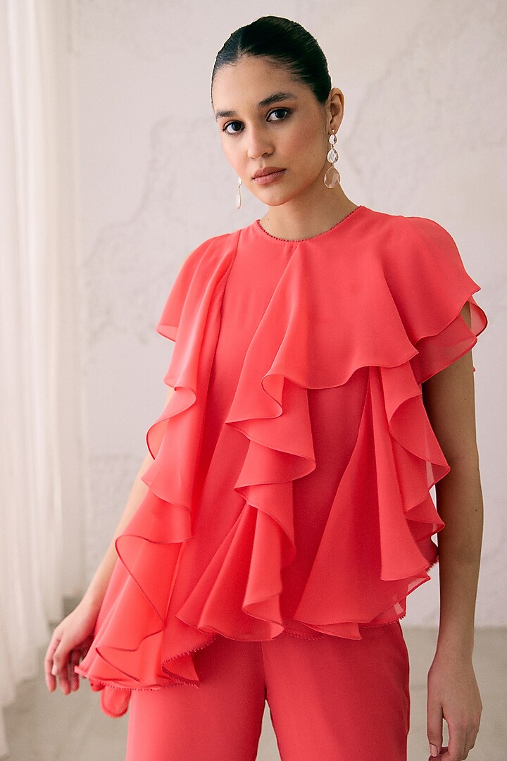 Coral Red Georgette Asymmetrical Frilled Tunic Set by Lavanya Ahuja at Pernia's Pop Up Shop