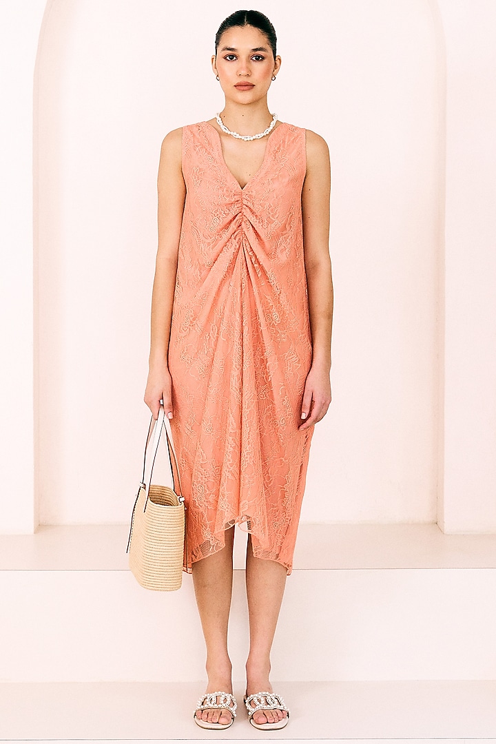 Peach Lace Fabric Gathered Dress by Lavanya Ahuja at Pernia's Pop Up Shop