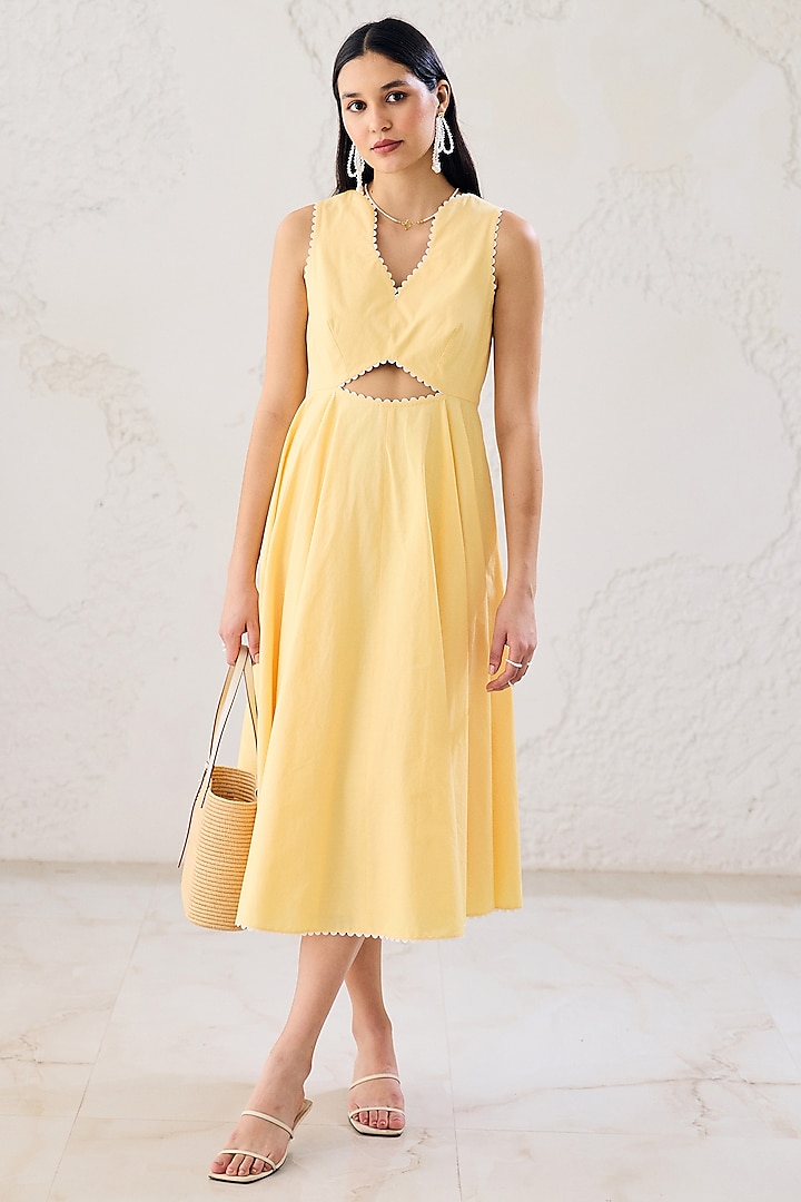 Buttercup Yellow Cotton Poplin Cut-Out Dress by Lavanya Ahuja at Pernia's Pop Up Shop