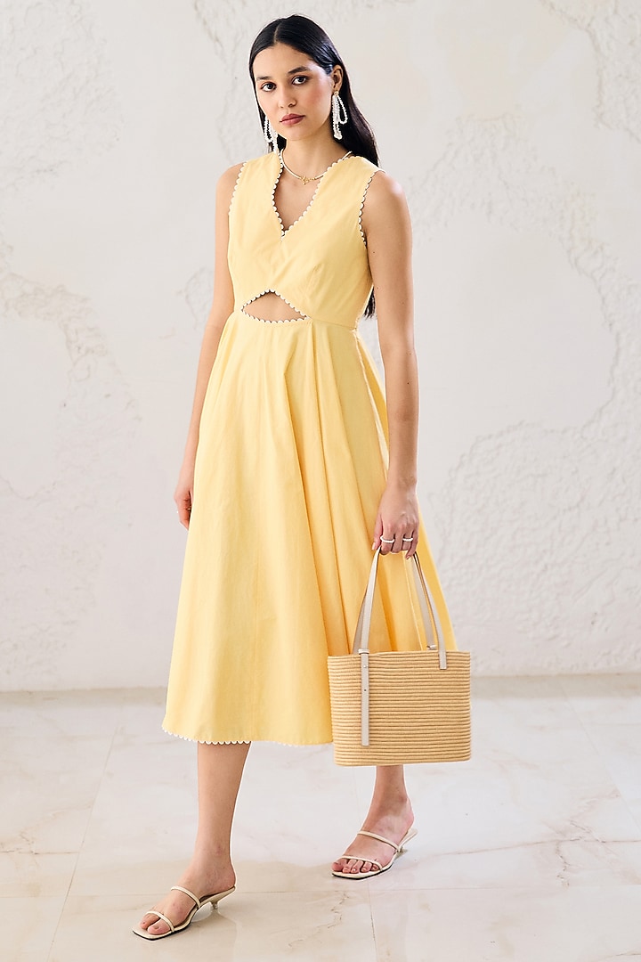 Buttercup Yellow Cotton Poplin Cut-Out Summer Dress by Lavanya Ahuja at Pernia's Pop Up Shop