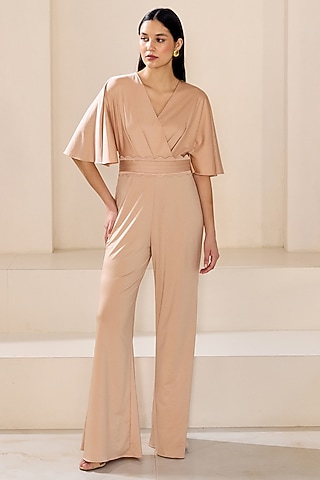Sand Colored Satin Lycra Jumpsuit With Belt by Lavanya Ahuja