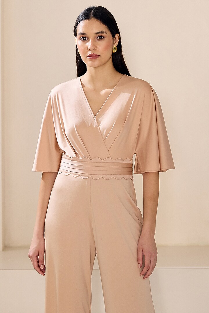 Sand Colored Satin Lycra Jumpsuit With Belt by Lavanya Ahuja at Pernia's Pop Up Shop