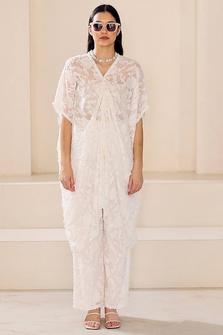 Pearl White Viscose Jacquard Gathered Kaftan Set by Lavanya Ahuja