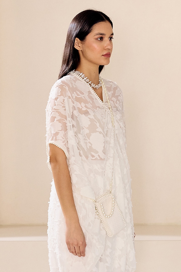 Pearl White Viscose Jacquard Gathered Kaftan Set by Lavanya Ahuja at Pernia's Pop Up Shop