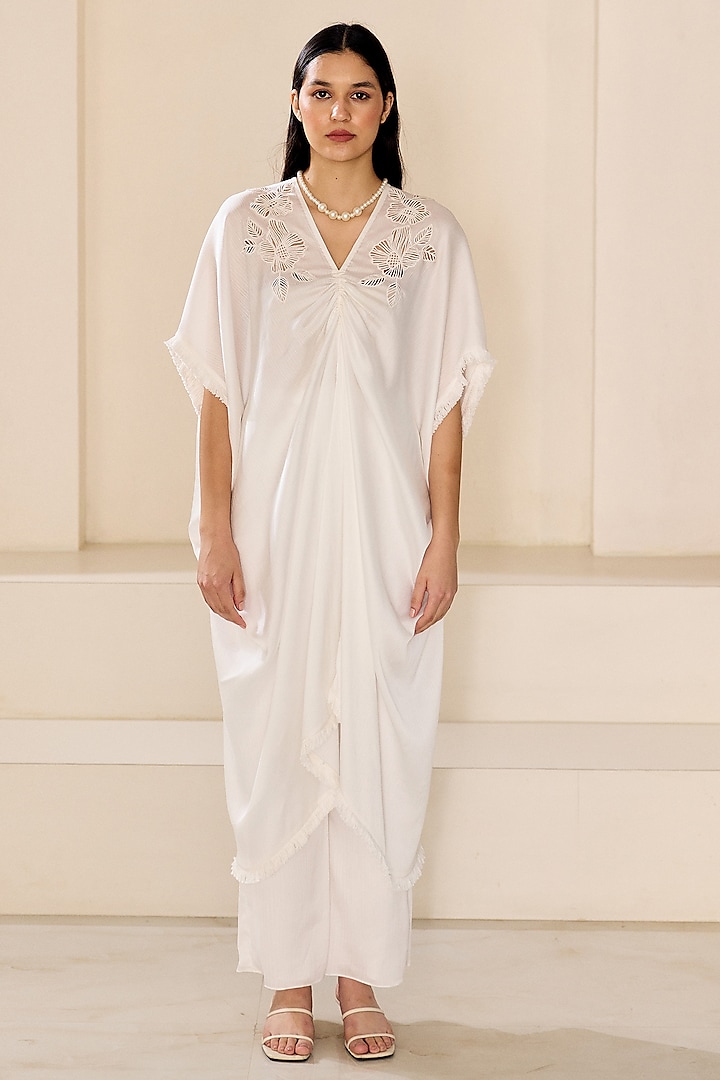 Pearl White Textured Satin Cutwork Embroidered Kaftan Set by Lavanya Ahuja at Pernia's Pop Up Shop