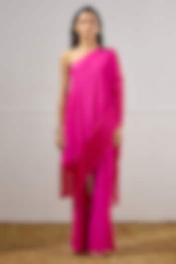 Deep Fuchsia Crepe One-Shoulder Cape Set by Lavanya Ahuja at Pernia's Pop Up Shop