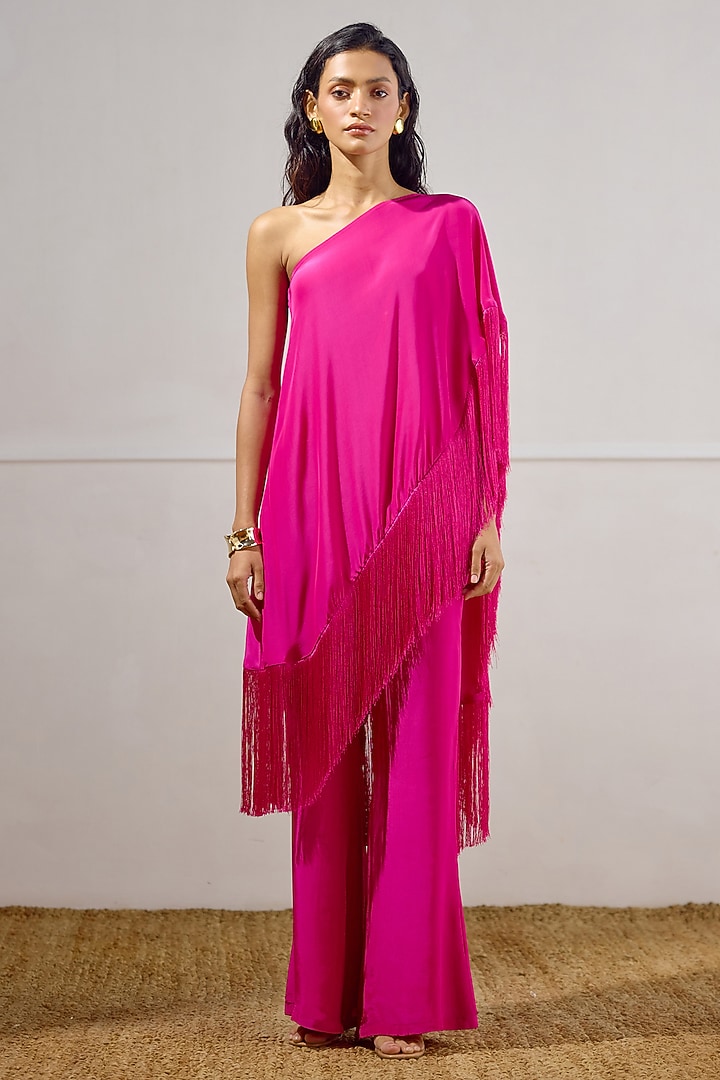 Deep Fuchsia Crepe One-Shoulder Cape Set by Lavanya Ahuja at Pernia's Pop Up Shop