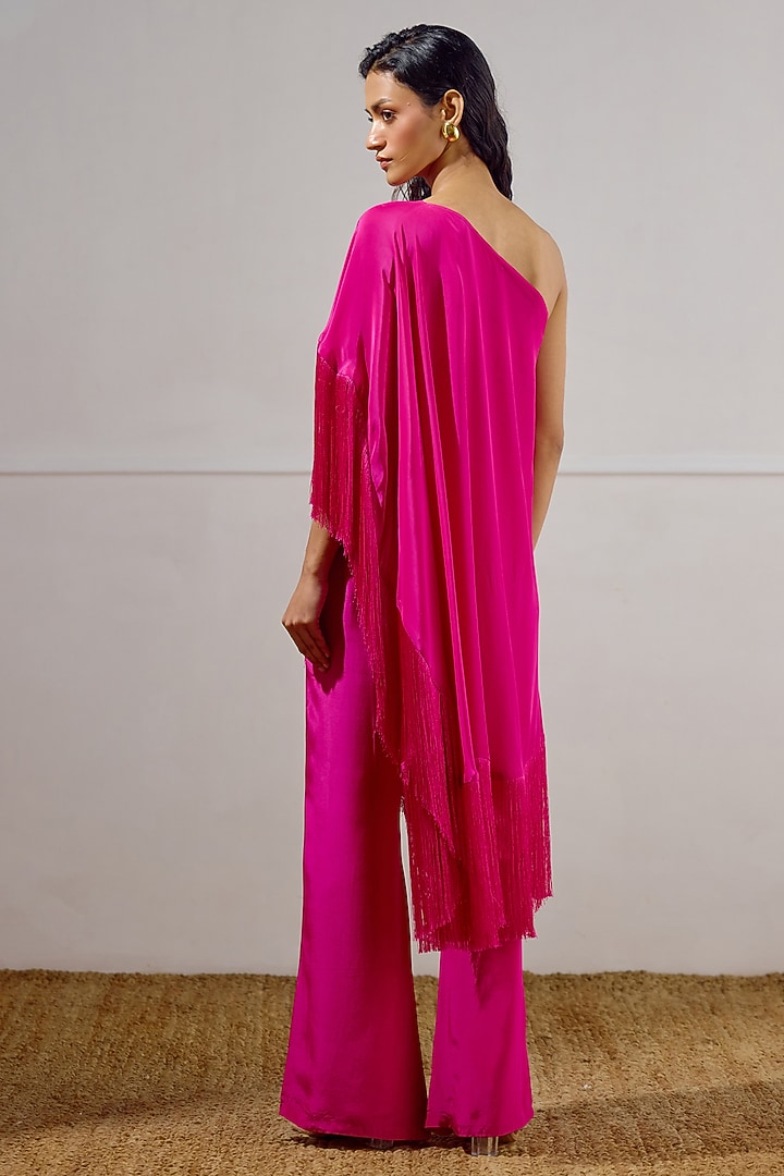 Deep Fuchsia Crepe One-Shoulder Cape Set by Lavanya Ahuja at Pernia's Pop Up Shop