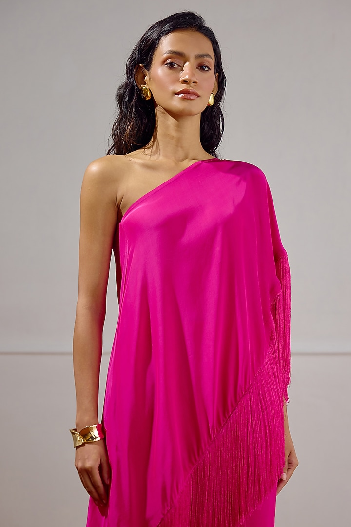 Deep Fuchsia Crepe One-Shoulder Cape Set by Lavanya Ahuja at Pernia's Pop Up Shop