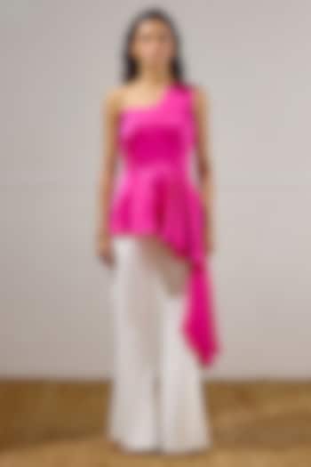 Deep Fuchsia Linen Satin One-Shoulder Peplum Top by Lavanya Ahuja at Pernia's Pop Up Shop