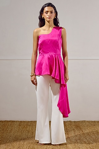 Deep Fuchsia Linen Satin One-Shoulder Peplum Top by Lavanya Ahuja