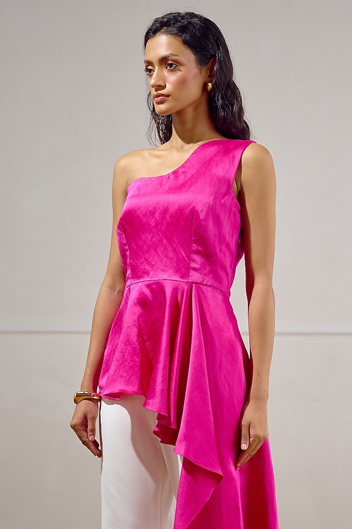 Deep Fuchsia Linen Satin One-Shoulder Peplum Top by Lavanya Ahuja at Pernia's Pop Up Shop