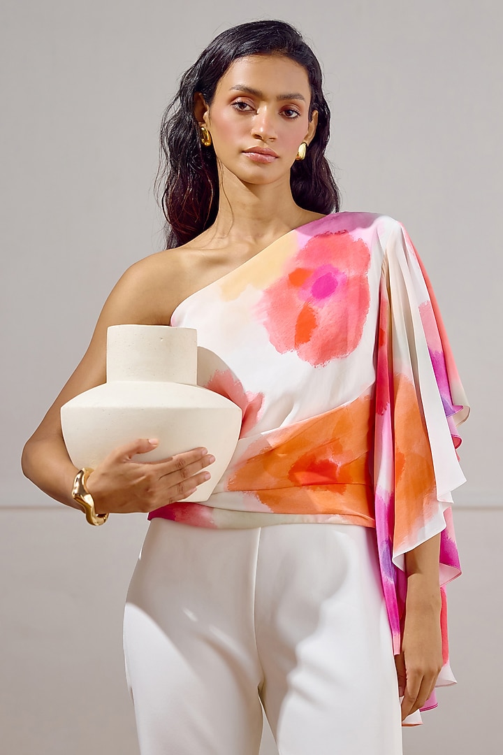 Multi-Colored Crepe Printed One-Shoulder Draped Top by Lavanya Ahuja at Pernia's Pop Up Shop