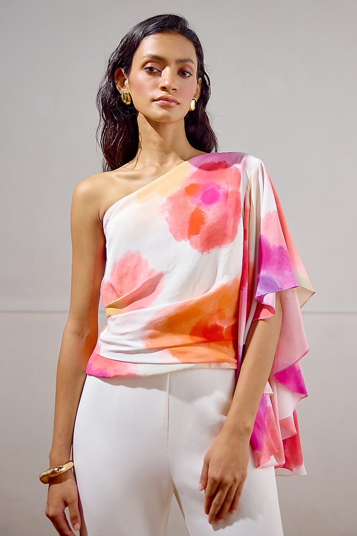 Multi-Colored Crepe Printed One-Shoulder Draped Top by Lavanya Ahuja at Pernia's Pop Up Shop