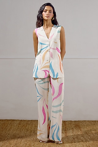 Multi-Colored Crepe Printed Waistcoat Set by Lavanya Ahuja