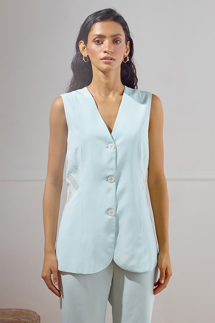 Seafoam Crepe Embroidered Waistcoat Set by Lavanya Ahuja at Pernia's Pop Up Shop
