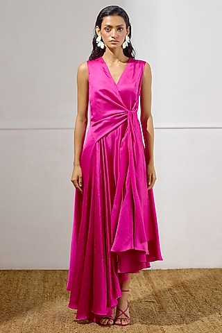 Deep Fuchsia Linen Satin Tie-Up Dress by Lavanya Ahuja