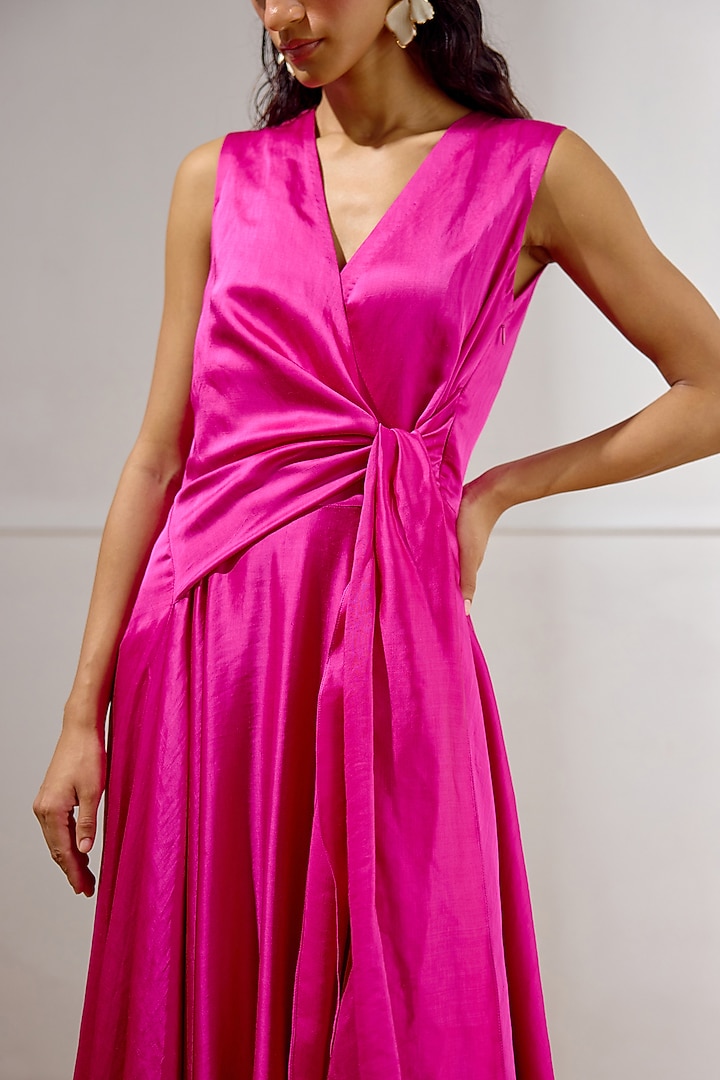 Deep Fuchsia Linen Satin Tie-Up Vacation Dress by Lavanya Ahuja at Pernia's Pop Up Shop