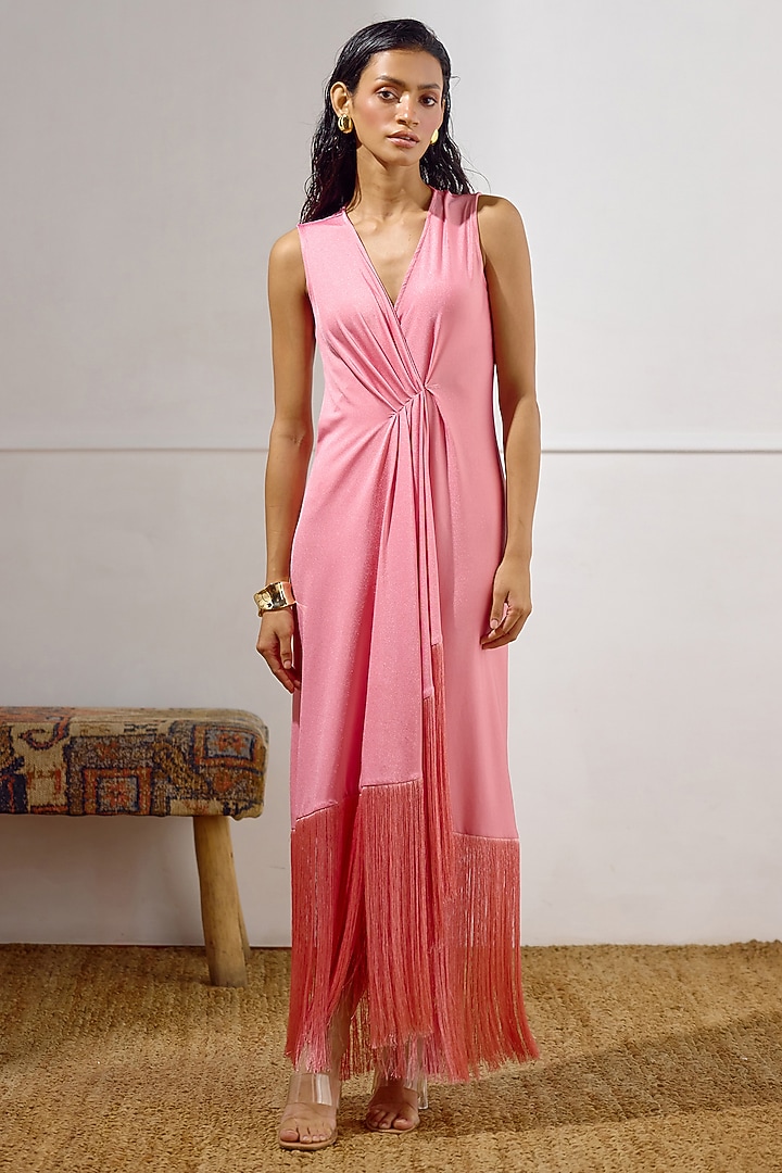 Candy Coral Lycra Draped Wrap Vacation Dress by Lavanya Ahuja at Pernia's Pop Up Shop
