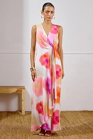 Multi-Colored Crepe Printed Draped Wrap Dress by Lavanya Ahuja