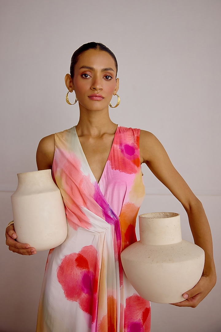 Multi-Colored Crepe Printed Draped Wrap Vacation Dress by Lavanya Ahuja at Pernia's Pop Up Shop