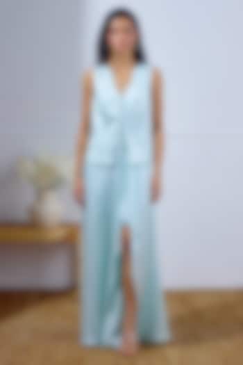 Seafoam Linen Satin Draped Skirt Set by Lavanya Ahuja at Pernia's Pop Up Shop