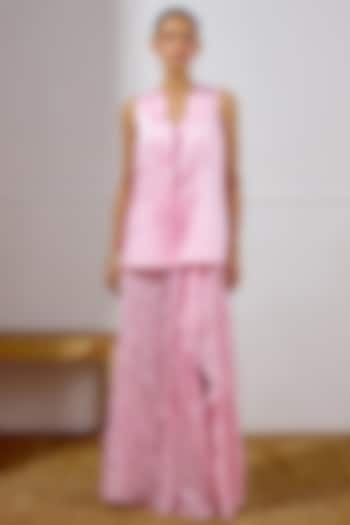 Orchid Pink Satin Organza Embroidered Draped Skirt Set by Lavanya Ahuja at Pernia's Pop Up Shop