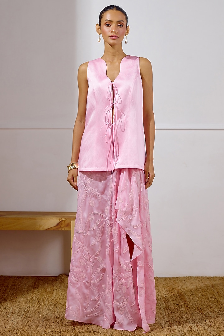 Orchid Pink Satin Organza Embroidered Draped Skirt Set by Lavanya Ahuja at Pernia's Pop Up Shop