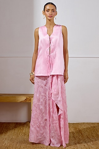 Orchid Pink Satin Organza Embroidered Draped Skirt Set by Lavanya Ahuja