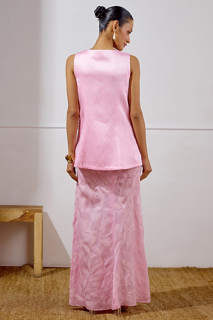 Orchid Pink Satin Organza Embroidered Draped Skirt Set by Lavanya Ahuja at Pernia's Pop Up Shop