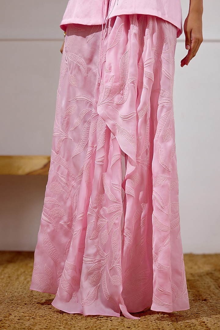 Orchid Pink Satin Organza Embroidered Draped Skirt Set by Lavanya Ahuja at Pernia's Pop Up Shop