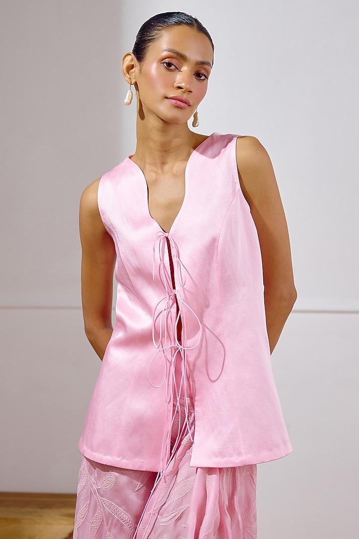 Orchid Pink Satin Organza Embroidered Draped Skirt Set by Lavanya Ahuja at Pernia's Pop Up Shop