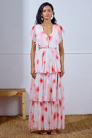Multi-Colored Chiffon Printed Tiered Dress by Lavanya Ahuja