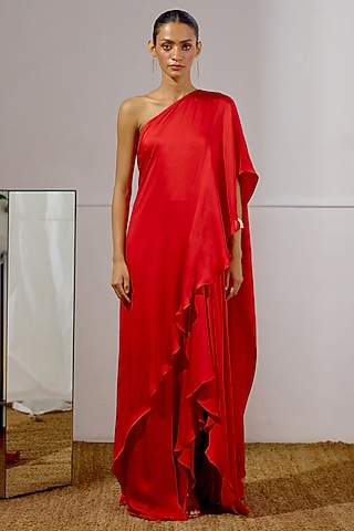 Red Satin Georgette One-Shoulder Draped Dress by Lavanya Ahuja