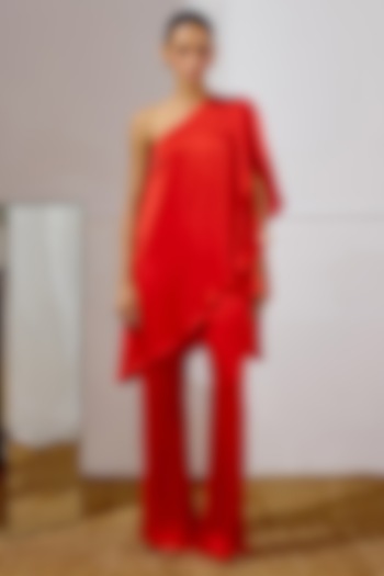 Red Satin Georgette One-Shoulder Tunic Set by Lavanya Ahuja at Pernia's Pop Up Shop