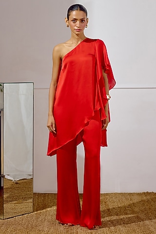 Red Satin Georgette One-Shoulder Tunic Set by Lavanya Ahuja