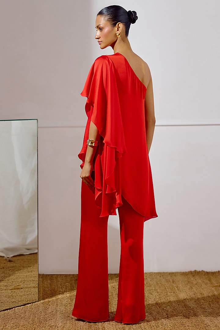 Red Satin Georgette One-Shoulder Tunic Set by Lavanya Ahuja at Pernia's Pop Up Shop
