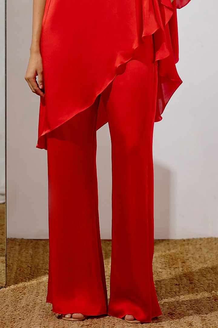 Red Satin Georgette One-Shoulder Tunic Set by Lavanya Ahuja at Pernia's Pop Up Shop